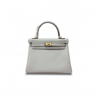 HERMÈS KELLY 25 PEARL GRAY SWIFT GOLD BUCKLE (25*17*7cm) 